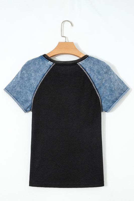 Waffle Knit Seam Detail Colour Block Patchwork Short Sleeve Top