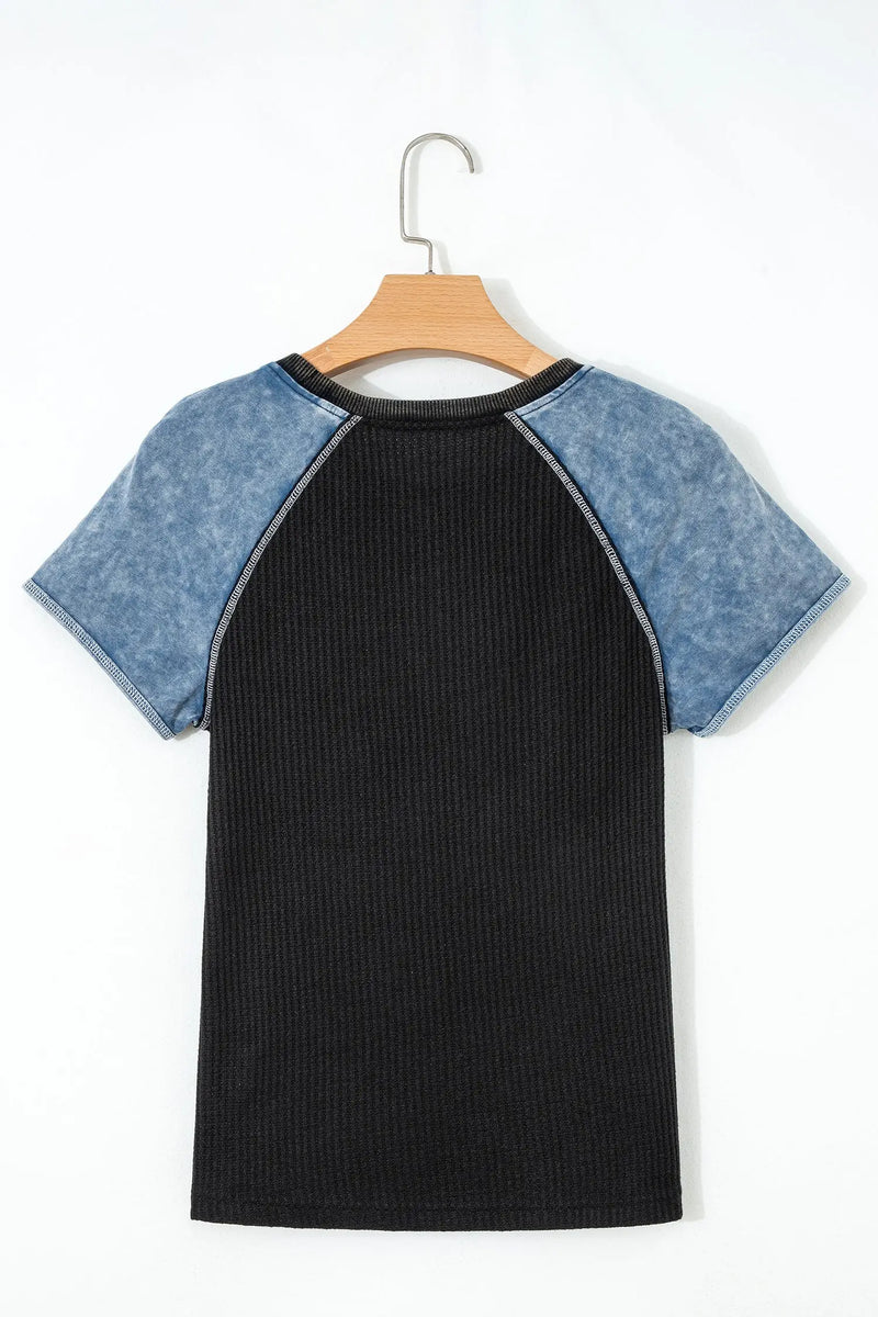 Waffle Knit Colour Block Patchwork Short Sleeve Top Women UK — side view | Fashionfitz UK