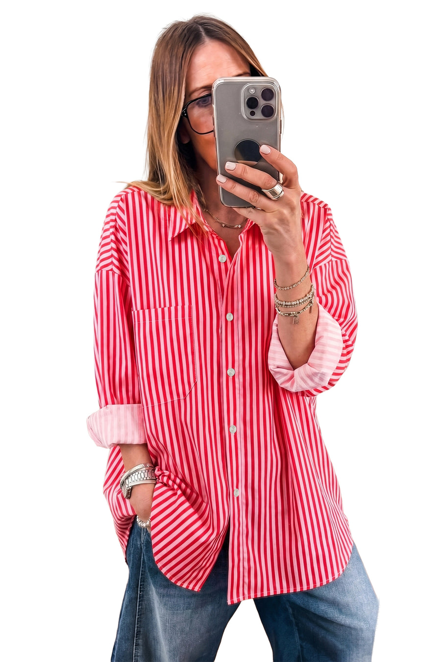 Stripe Button-Up Long Sleeve Shirt with Patch Pocket