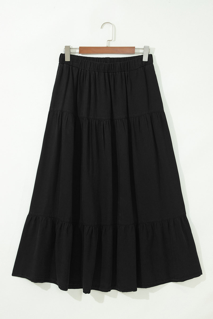 Black Elastic Waist Ruffled Tiered Flared Denim Maxi Skirt Women UK