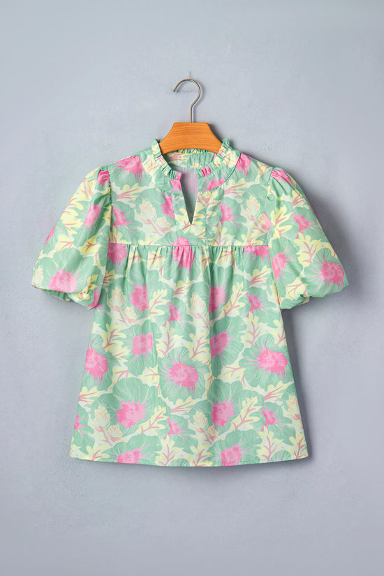 Floral Jacquard Bubble Sleeve Notched V Neck Babydoll Blouse