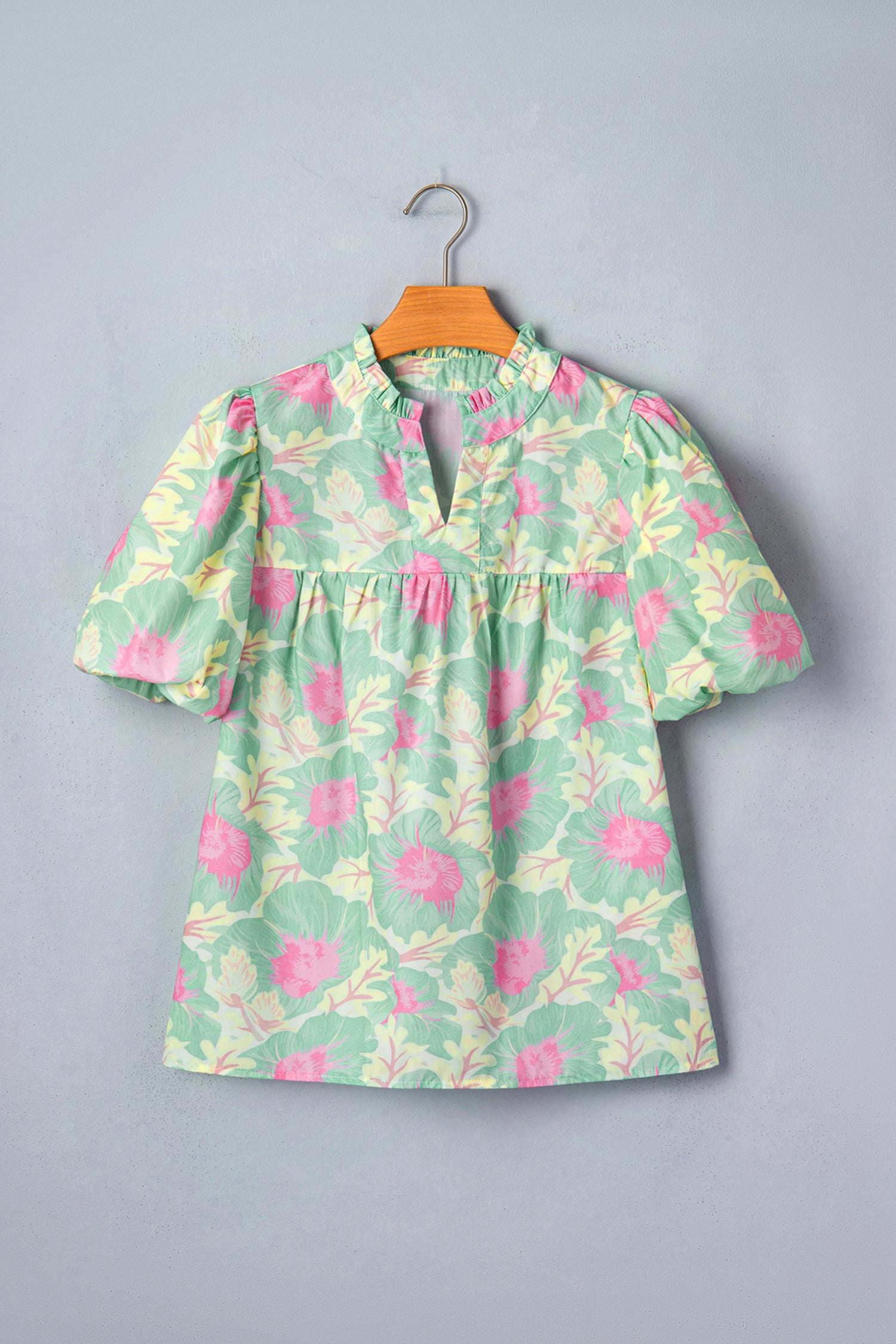 Floral Jacquard Bubble Sleeve Notched V Neck Babydoll Blouse