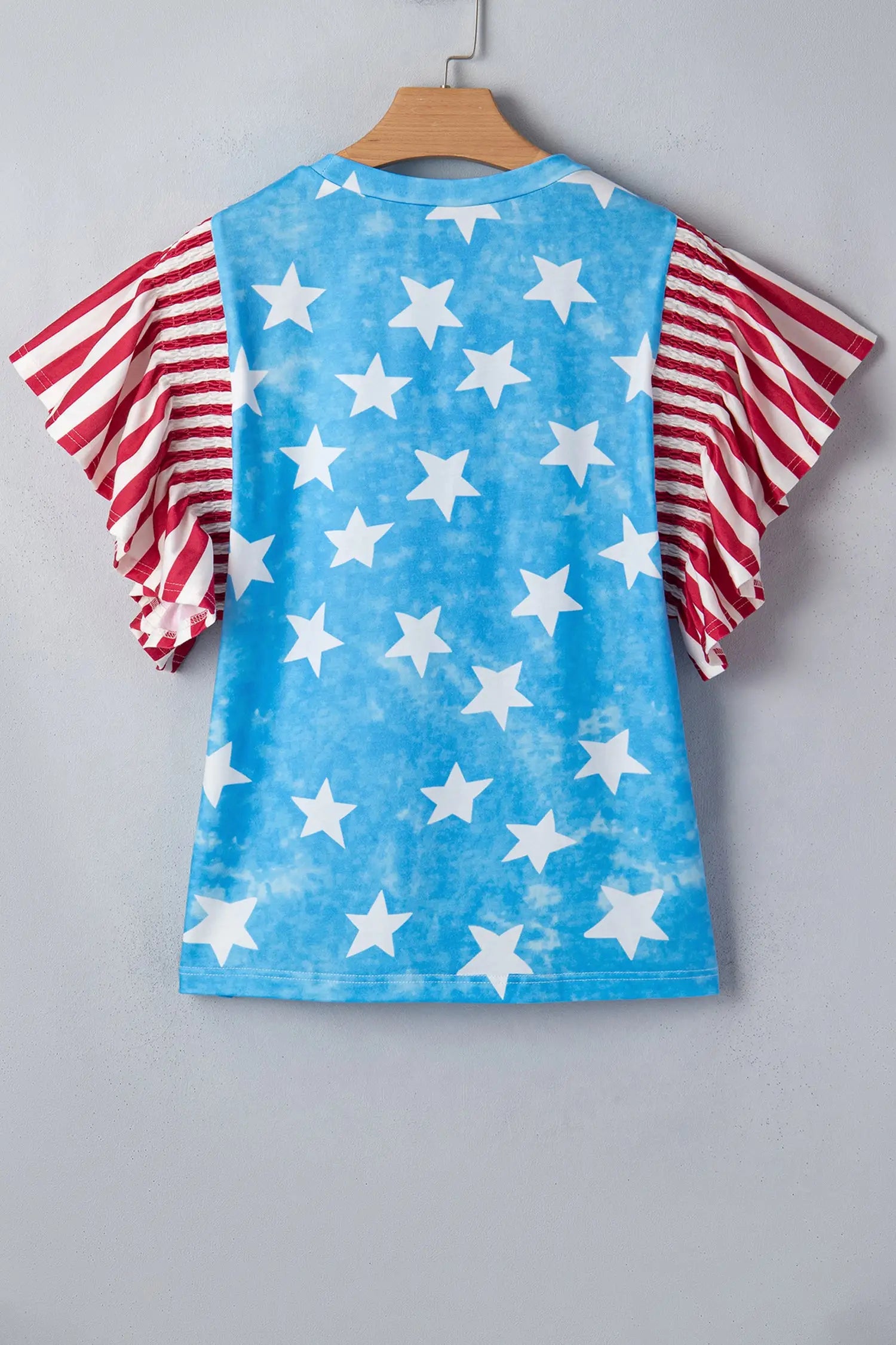 Sky blue vintage star print striped ruffle sleeve top blouses