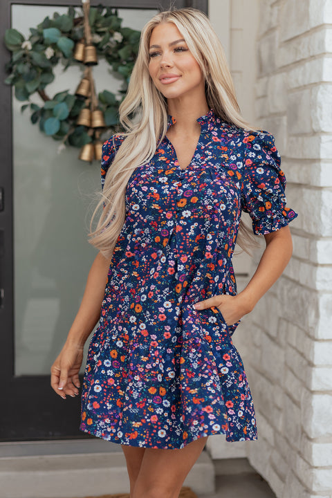 Blue wild daisy split neck puff sleeve mini dress women UK front view