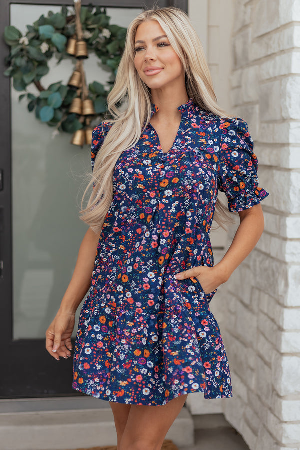 Blue wild daisy split neck puff sleeve mini dress women UK front view