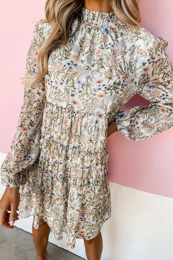Green Floral Tiered Shirred Mock Neck Mini Dress Women UK