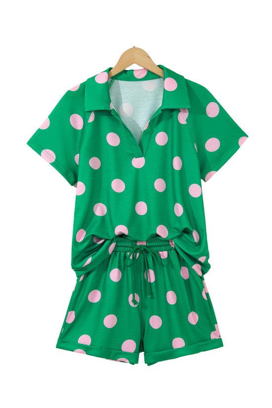 Polka Dot V Neck Short Sleeve Tee High Waist Drawstring Shorts Set