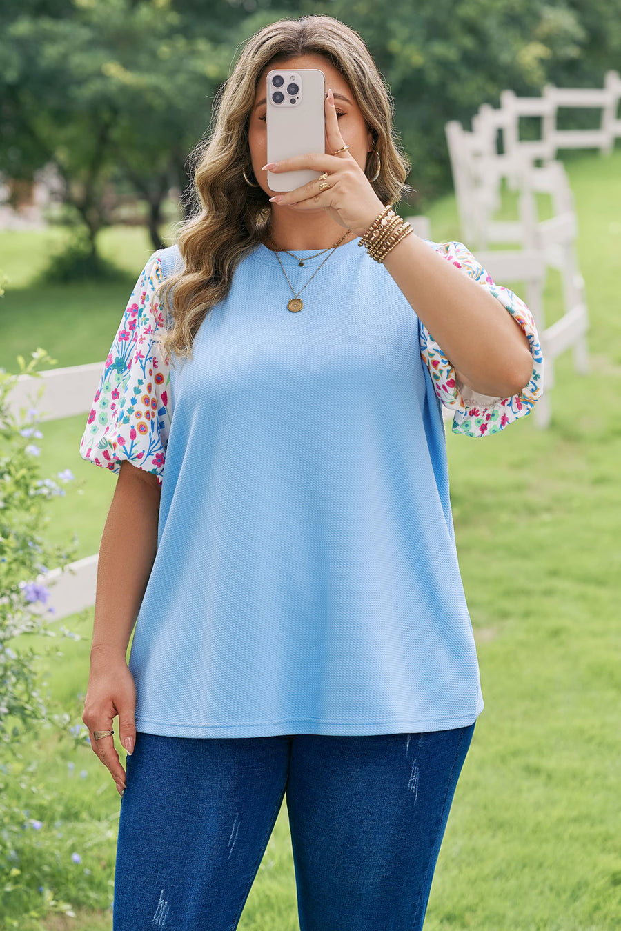 Plus size contrast floral sleeve textured bodice top — back view