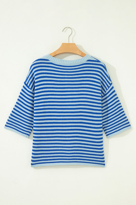 Blue Stripe Half Sleeve Knit Button Cardigan Women UK