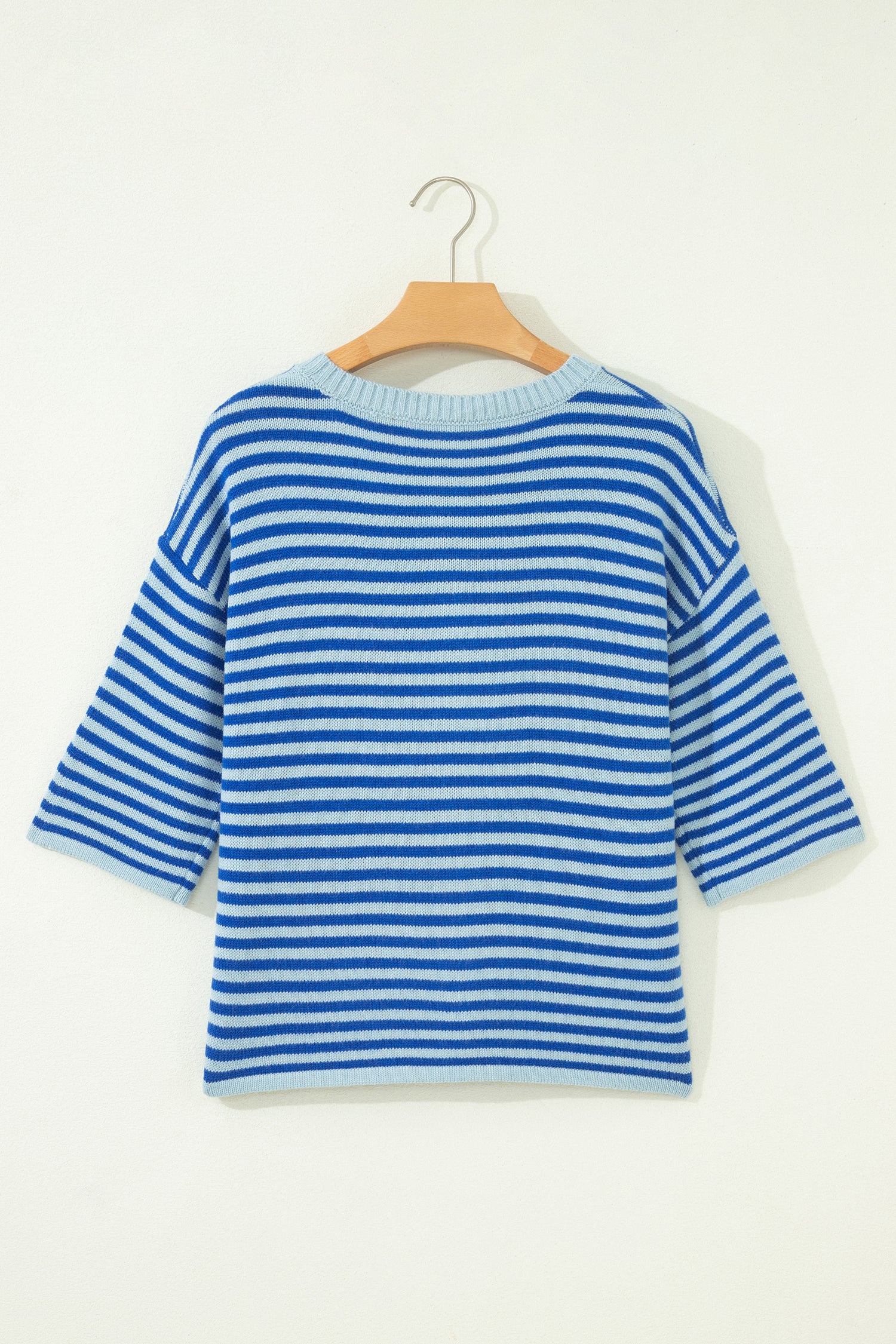 Blue Stripe Half Sleeve Knit Button Cardigan Women UK