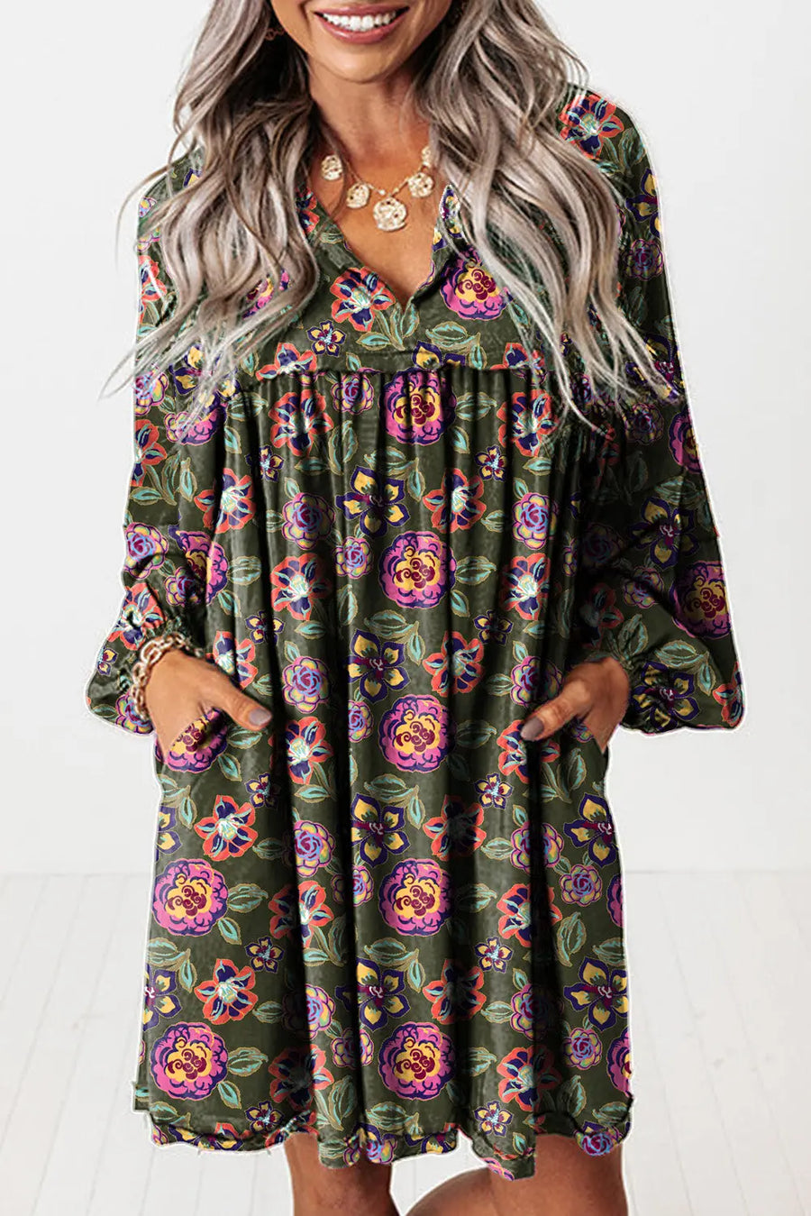 Green Floral Split Neck Bubble Sleeve Shift Mini Dress Women UK