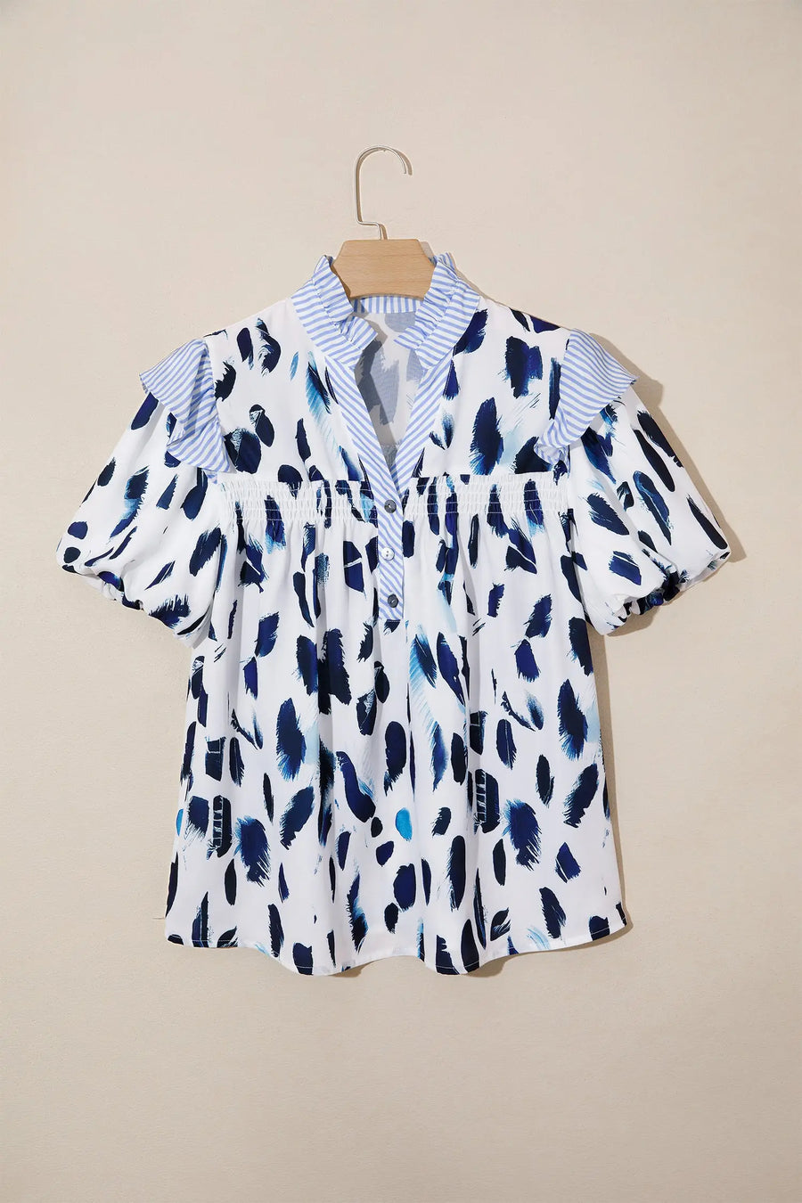 Women's abstract print blouse back view ruffle sleeve casual