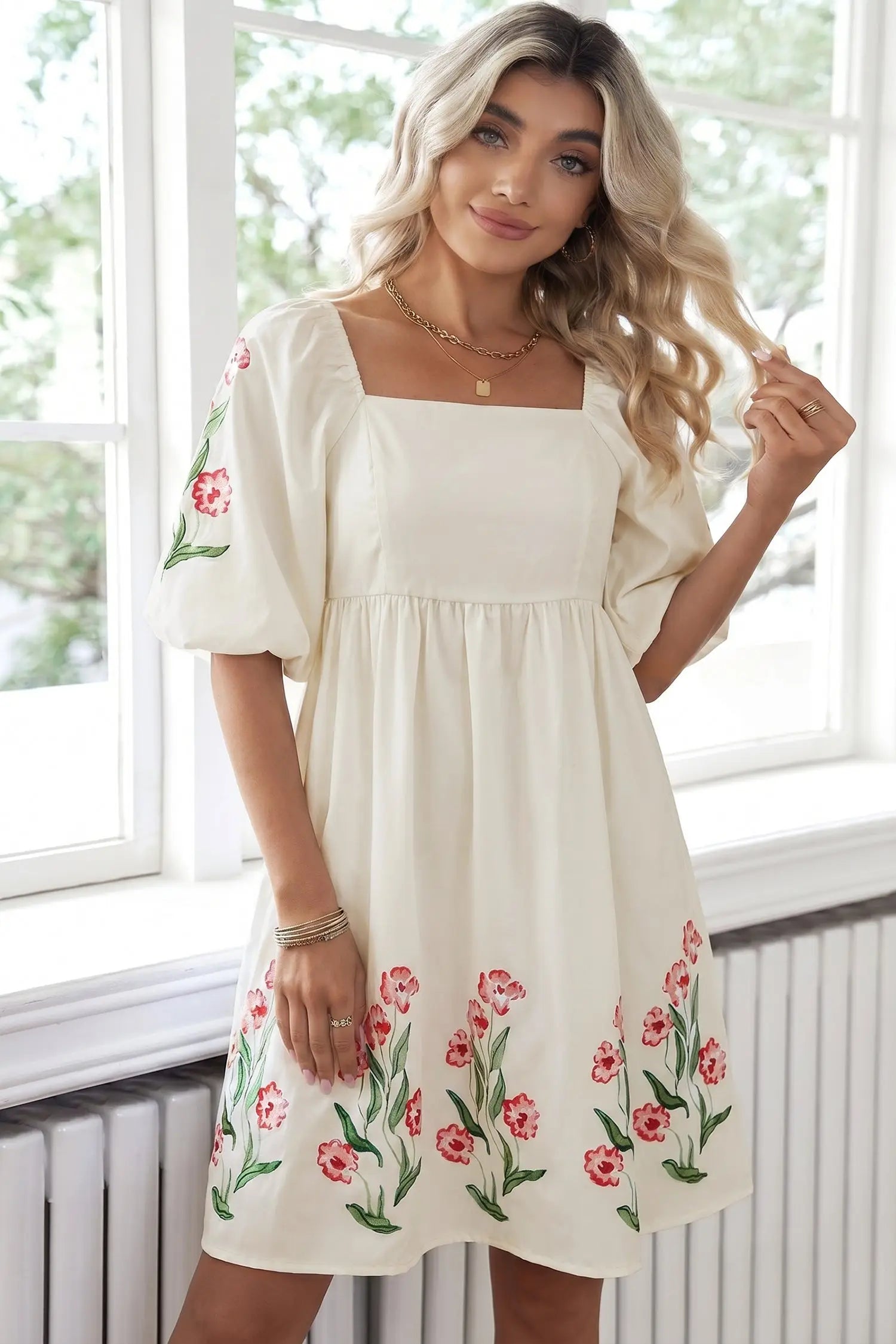 Beige floral print puff sleeve babydoll dress