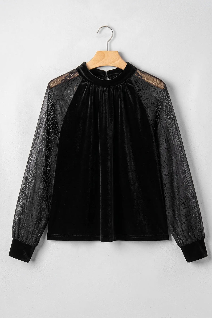 Sheer Lace Velvet Patchwork Stand Neck Blouse Women UK