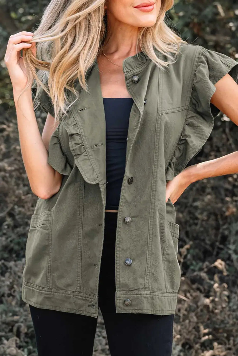 Green bay ruffled denim vest - women’s fashion trends