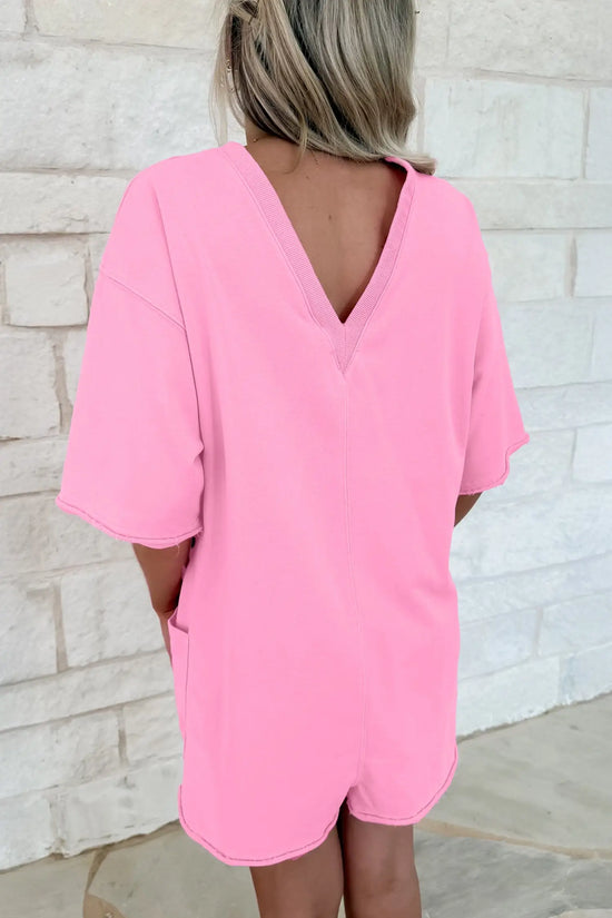 Raw edge half sleeve pocketed loose romper one-pieces