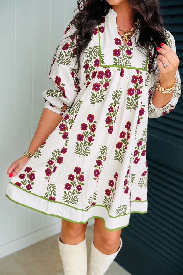 White Floral Frilled V Neck 3/4 Sleeve Loose Dress Women UK — back view