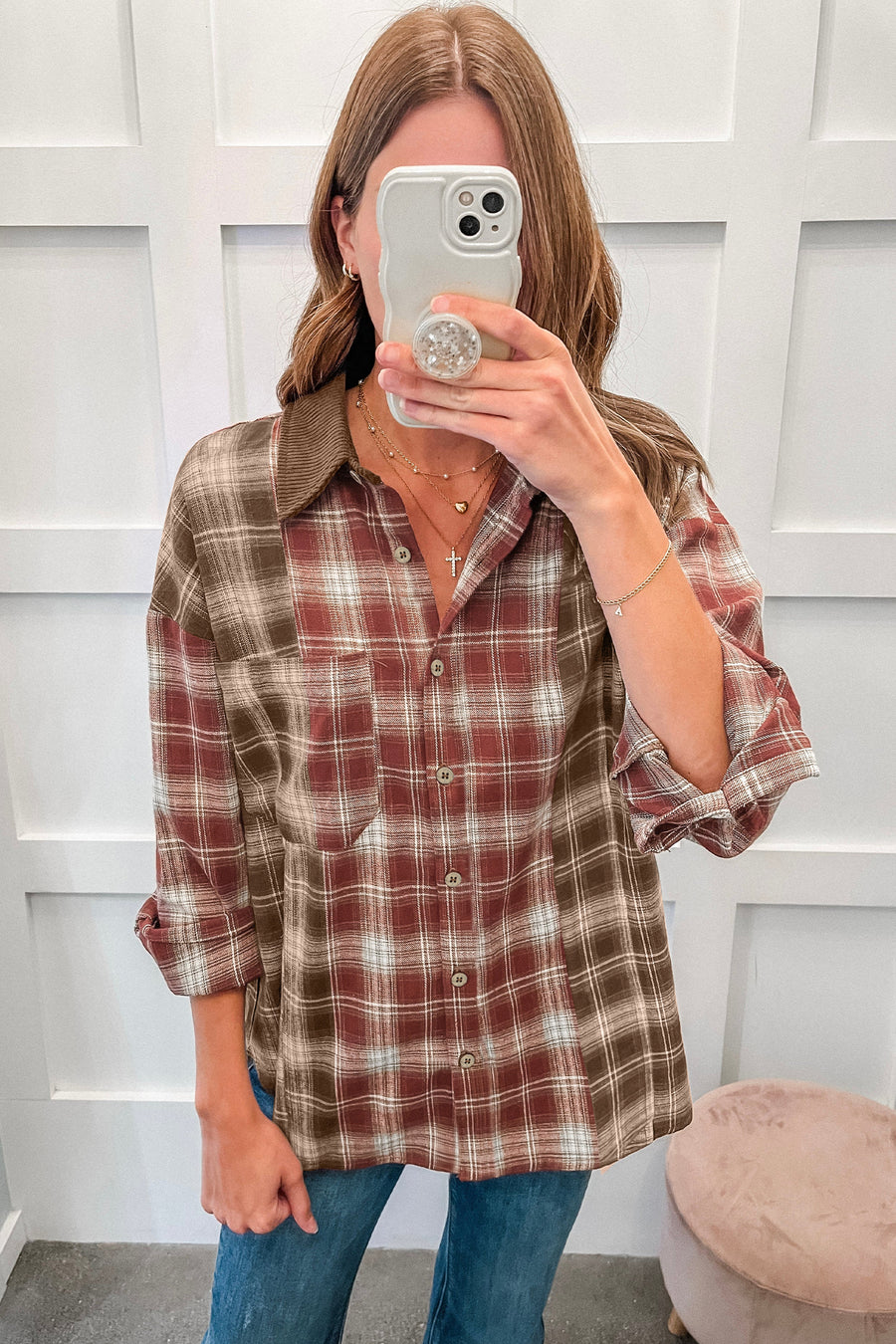 Contrast Plaid Long Sleeve Button Down Shirt