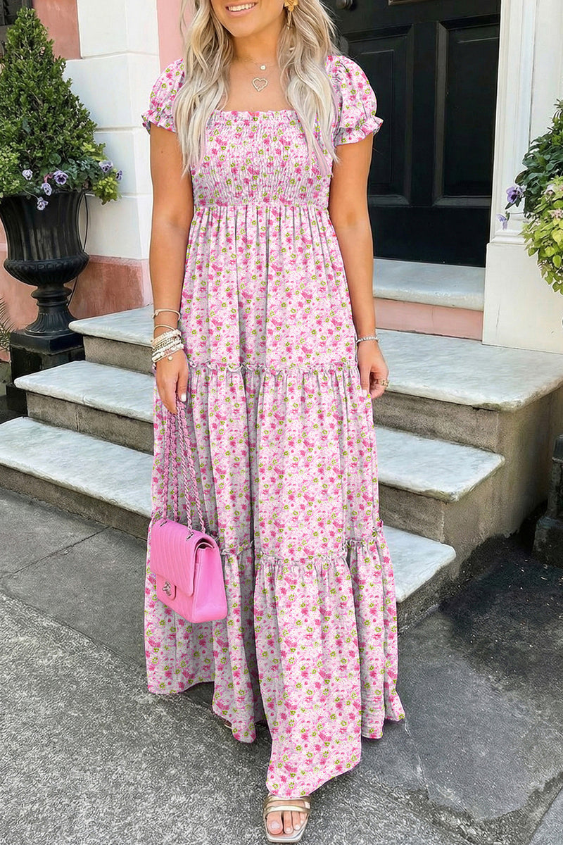 Pink Floral Bubble Sleeve Shirred High Waist Maxi Dress Women UK