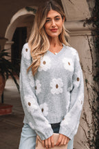 Oversized Grey Floral Knit Jumper – V‑Neck