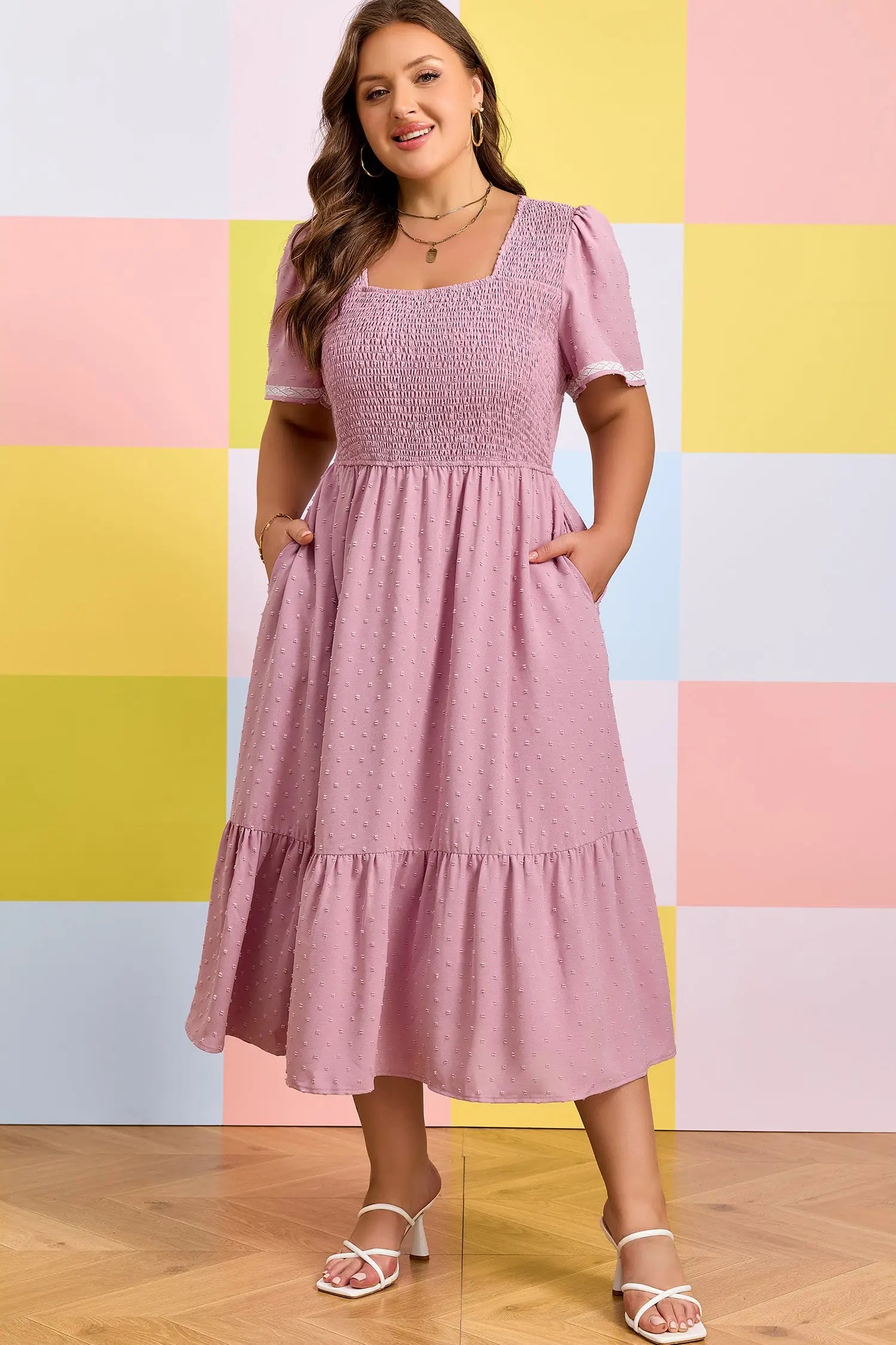 Curve swiss dot smocked midi dress dresses