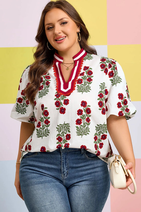 Plus size floral ricrac trim cotton blouse puff sleeve v neck colourblock blouses