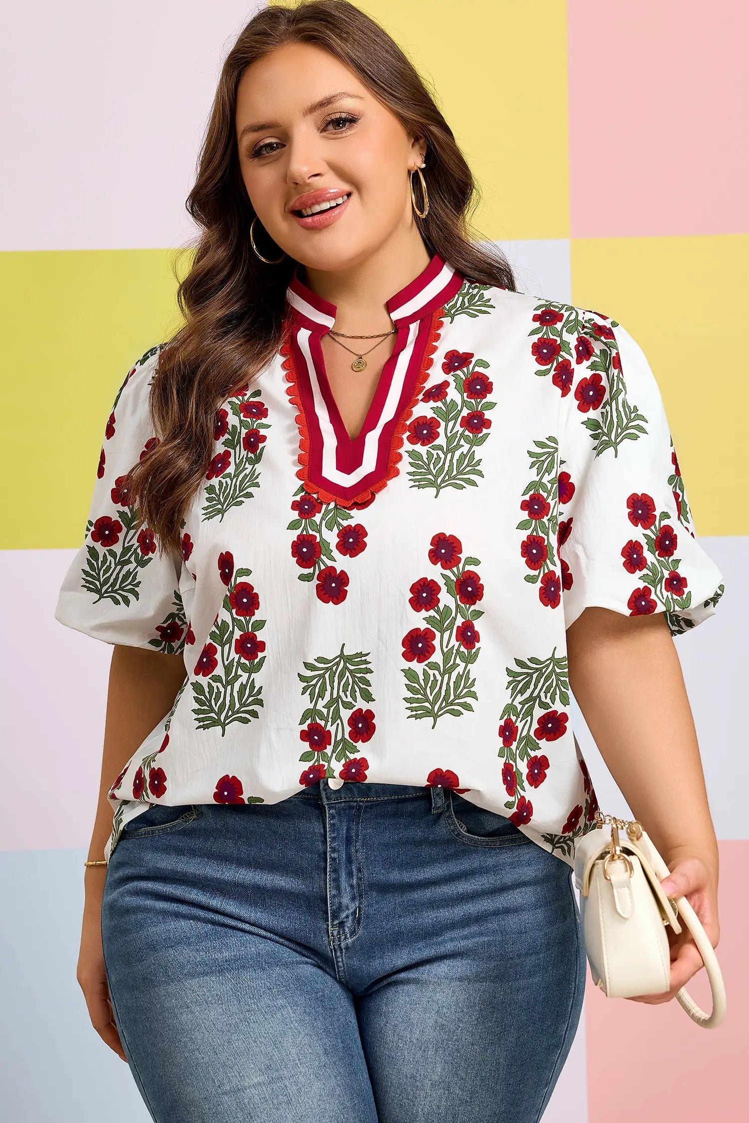 Plus size floral ricrac trim cotton blouse puff sleeve v neck colourblock blouses