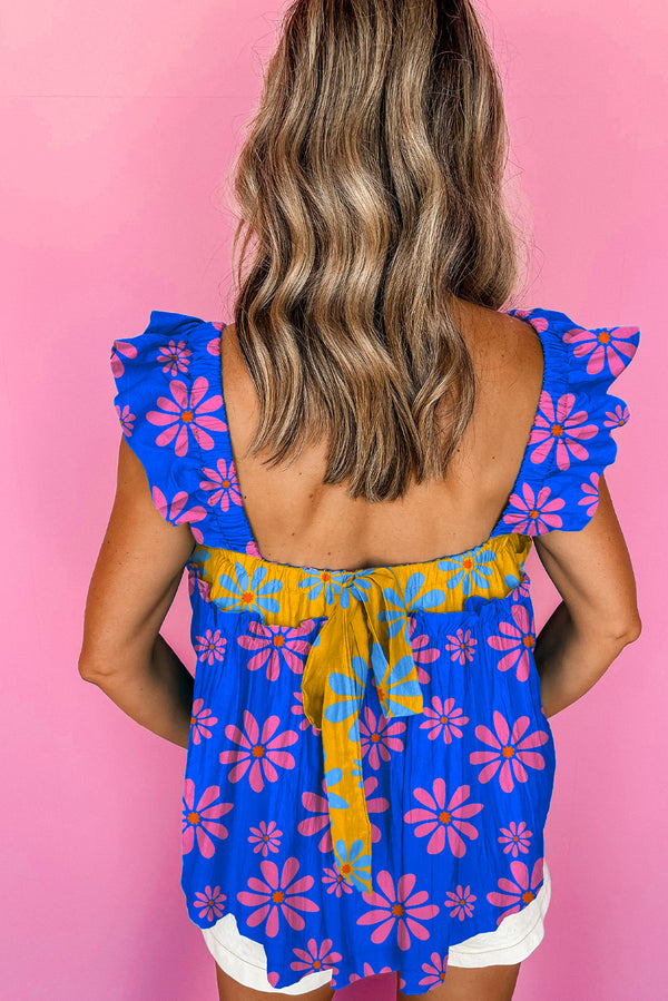 Blue Floral Colorblock Flutter Strap Flowy Tank Top Women UK