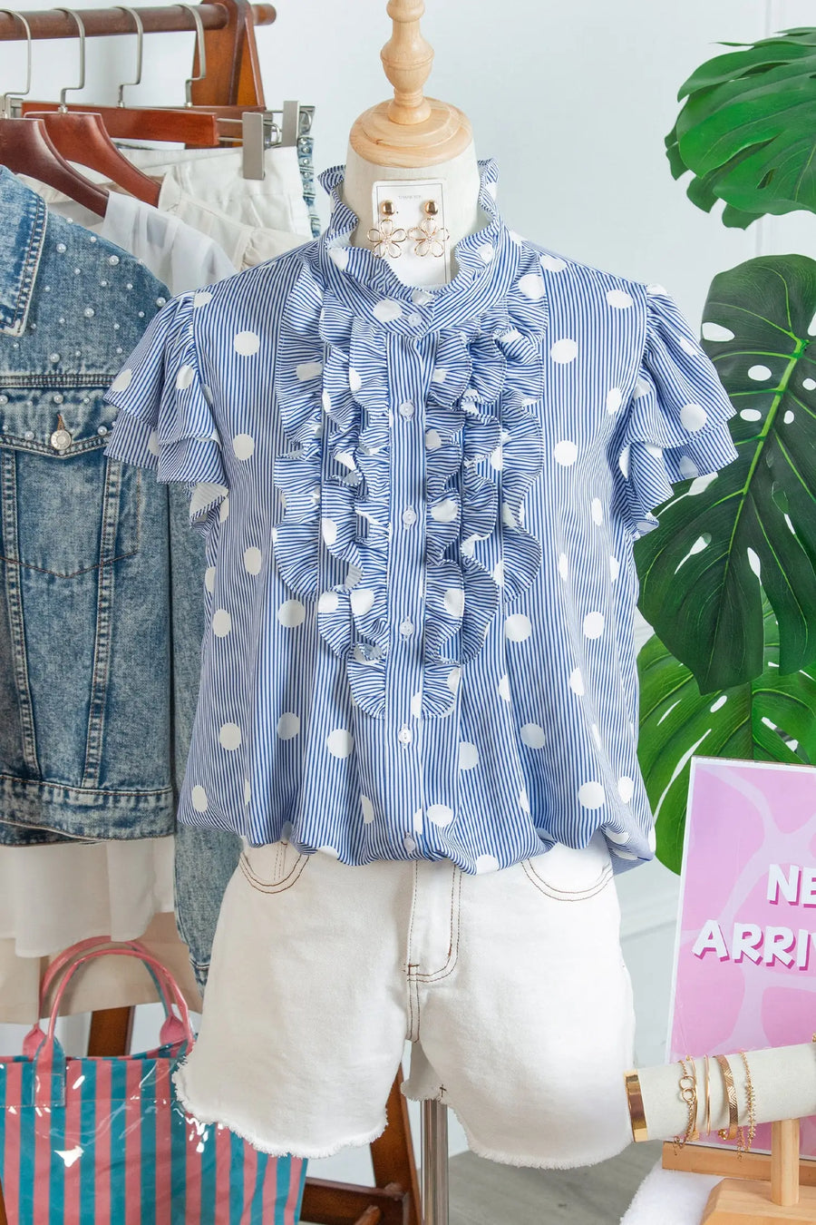 Sky Blue Stripe Contrast Polka Dot Print Pleated Ruffle Sleeve Shirt — fabric texture detail | Fashionfitz UK