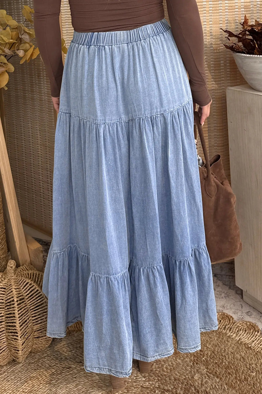 Elastic waist ruffled tiered maxi skirt lyocell side pockets beau blue skirts