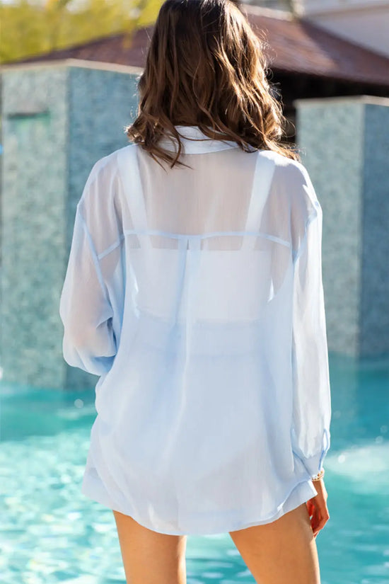 Beau blue two-piece beach cover up set showing sheer tunic collar detail and matching drawstring shorts, Fashionfitz
