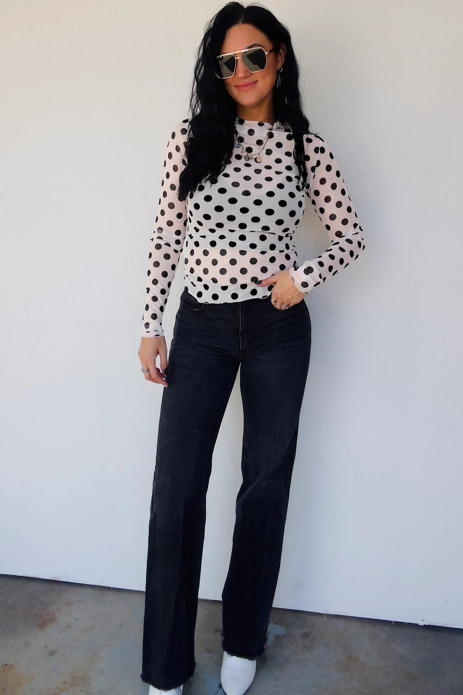 Polka Dot Sheer Long Sleeve Round Neck Slim Top — close-up showing polka dot mesh texture and fabric quality — Fashionfitz