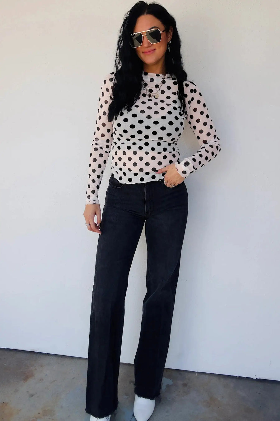 Polka Dot Sheer Long Sleeve Round Neck Top Women UK — back view | Fashionfitz UK