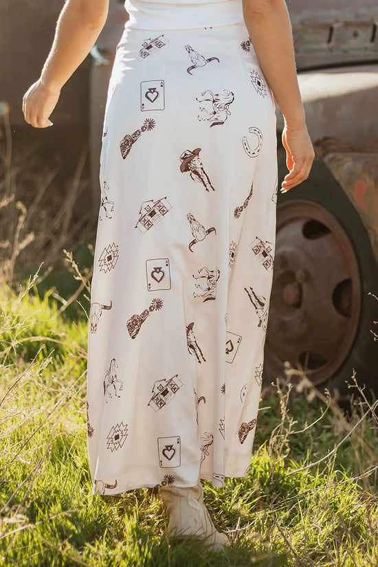 White western print satin long skirt