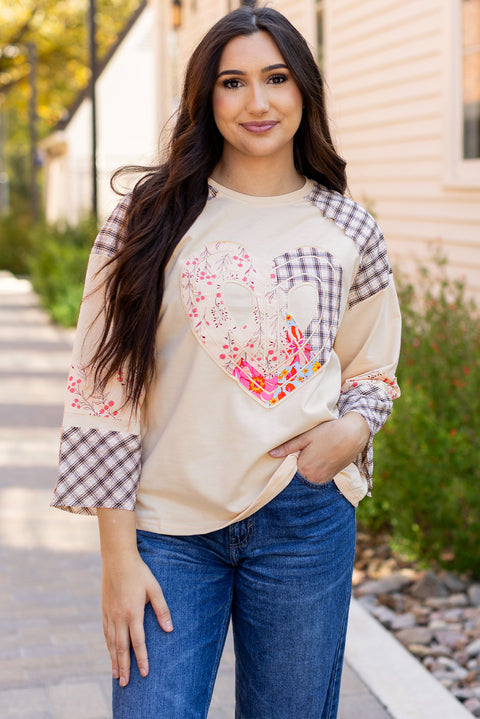 Beige Plaid Floral Peace Heart Graphic Long Sleeve Top Women UK