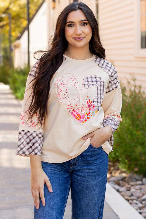 Beige Plaid Floral Peace Heart Graphic Long Sleeve Top Women UK