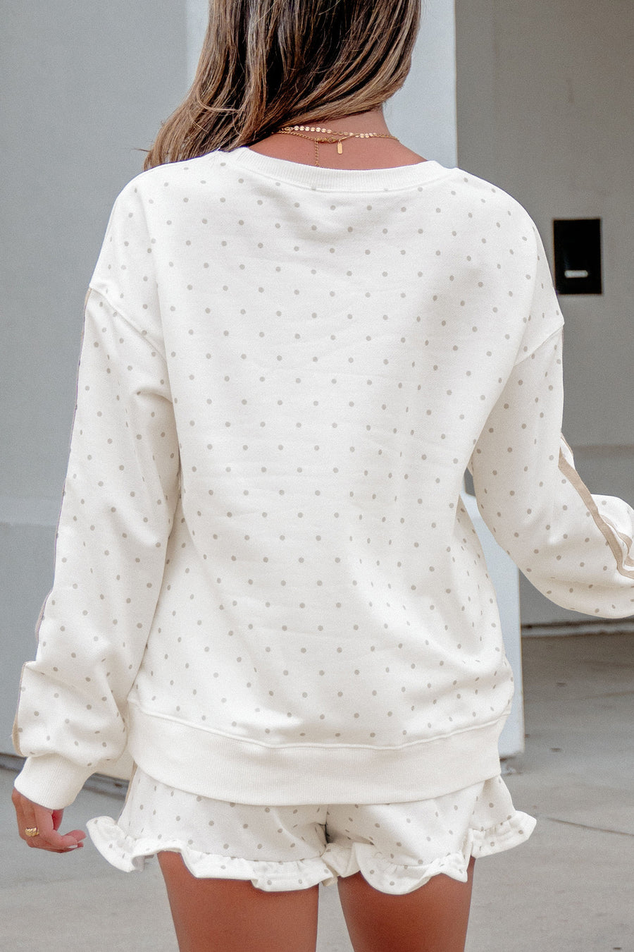 White Polka Dot Stripe Casual Sweatshirt & Shorts Set