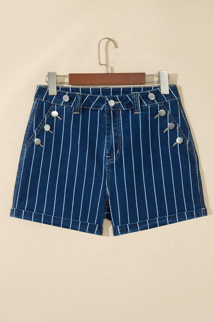 Striped Metal Button High Waist Denim Shorts Women UK