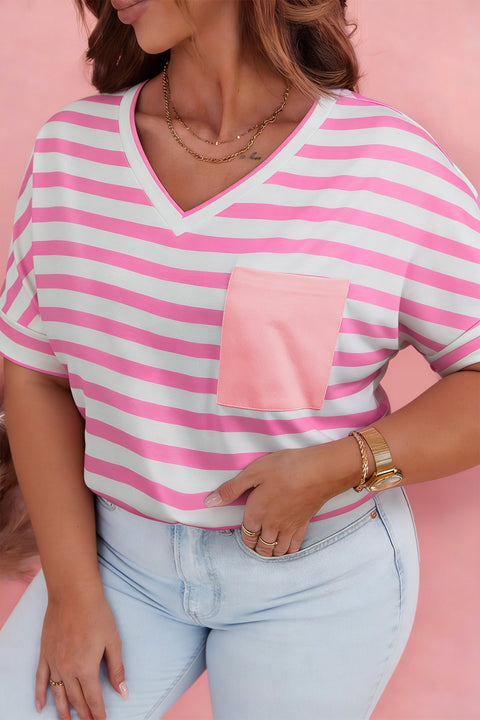 Plus size stripe colourblock V-neck patched chest pocket short sleeve top front view — Fashionfitz UK