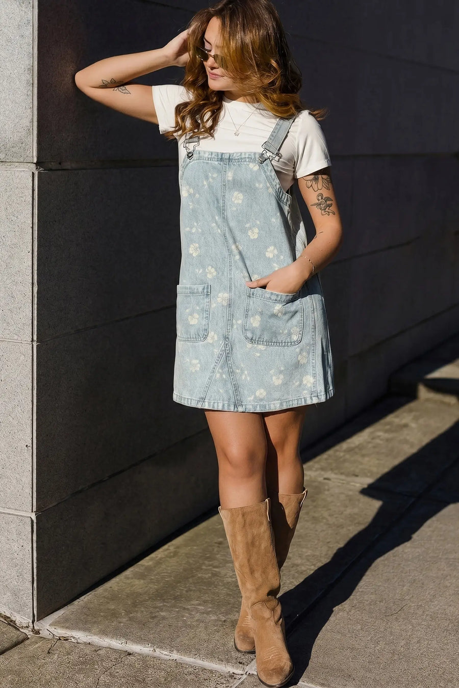 Sky Blue Retro Wash Denim Floral Print Overall Mini Dress Women UK