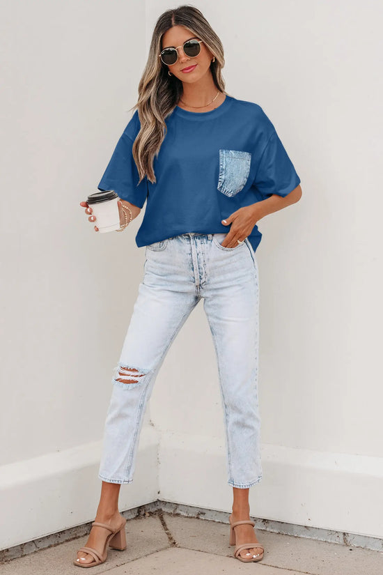 Colour block patch pocket short sleeve top round neck tunic relaxed fit tunics