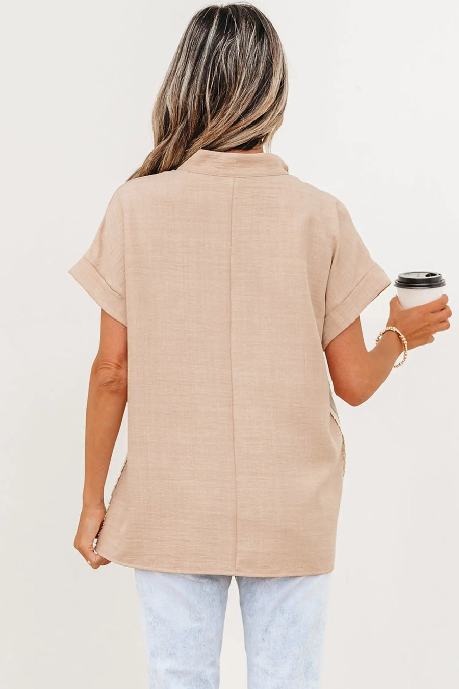 Crochet lace accent pullover blouse back view | Fashionfitz UK