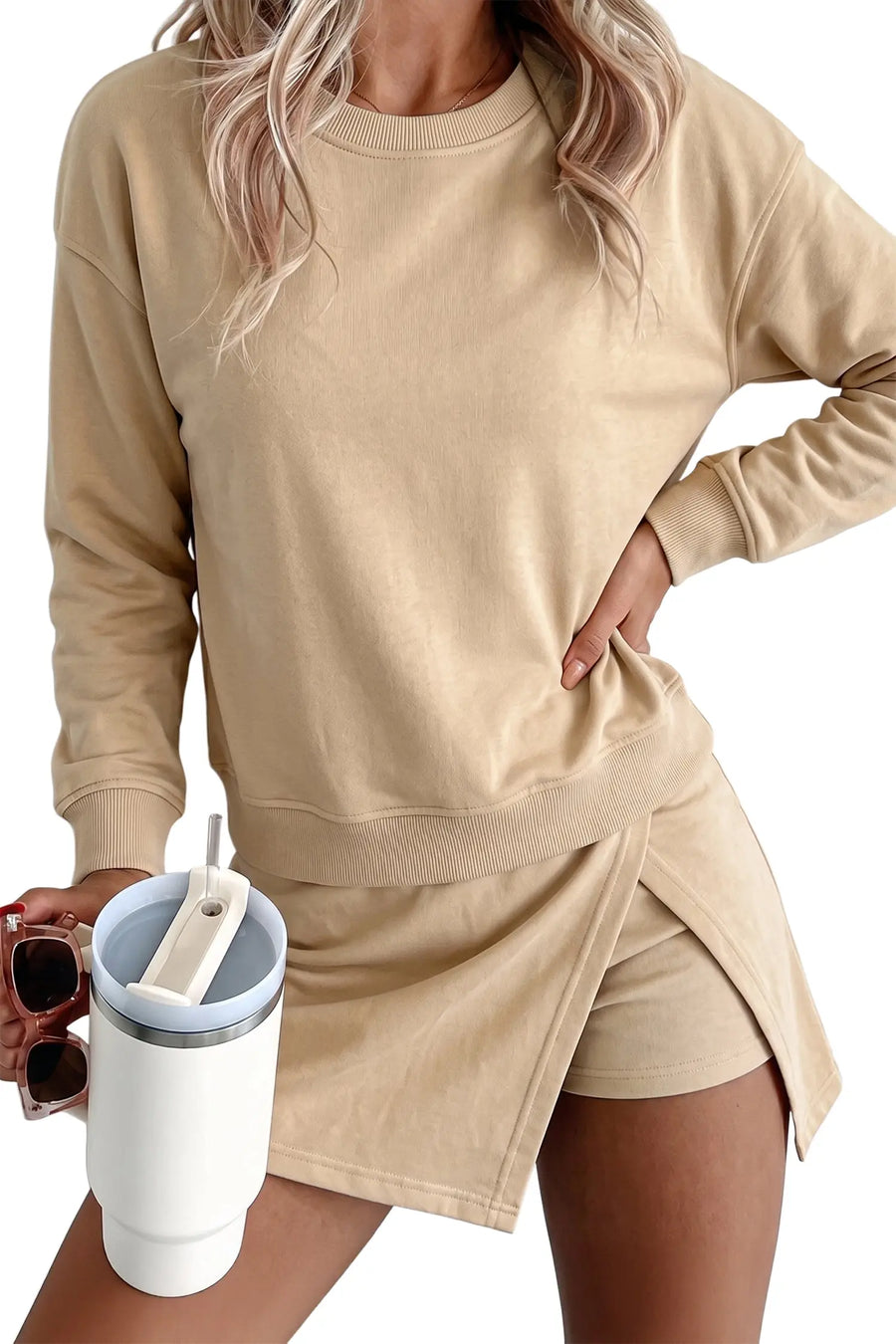 Long Sleeve Top and Split Skort Two-Piece Set Women UK