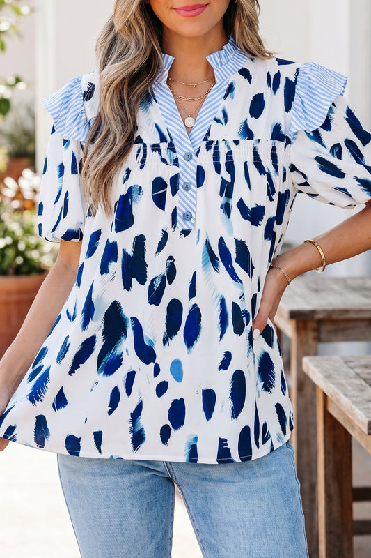 Abstract Print Striped Collar Ruffle Sleeve V-Neck Blouse