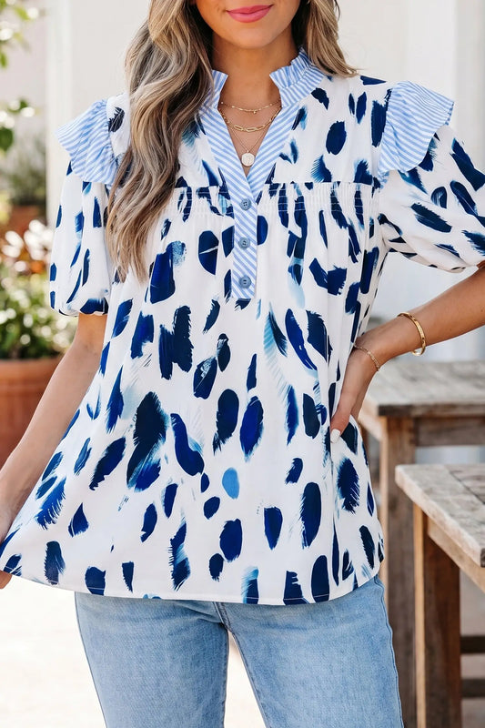 Women's abstract print striped collar ruffle sleeve V-neck blouse front view
