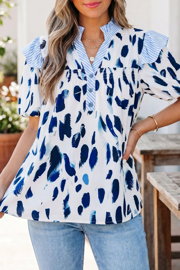 Abstract print striped collar ruffle sleeve V-neck blouse front view — Fashionfitz UK