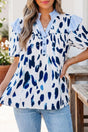 Women's abstract print striped collar ruffle sleeve V-neck blouse front view