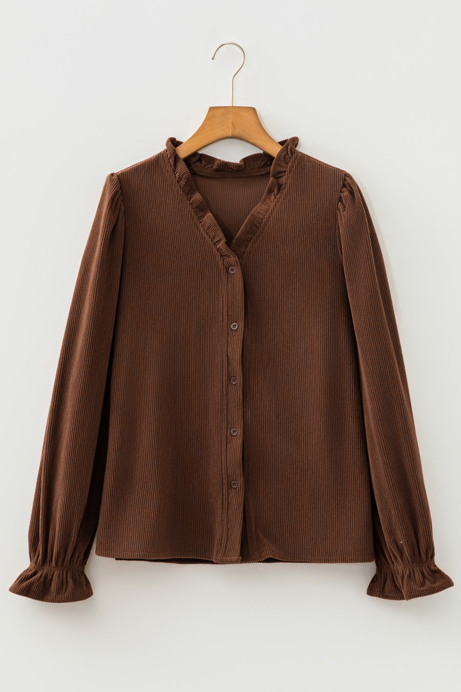 Corduroy shacket in coffee brown — styled outfit view