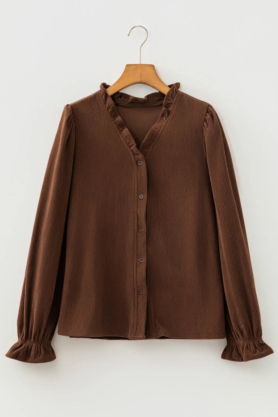 Ruffle Trim V-Neck Corduroy Shacket