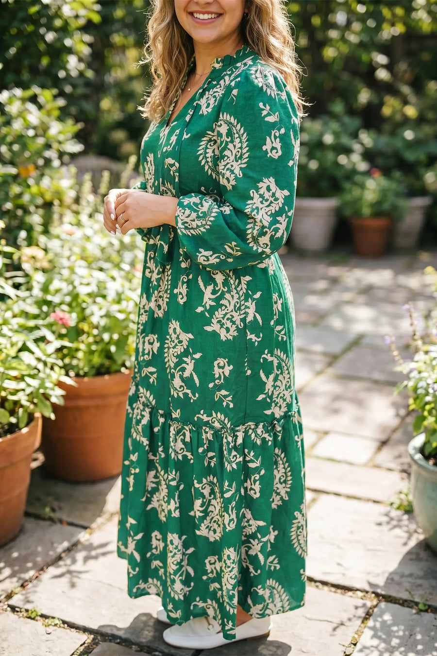 Red Elegant Floral Puff Sleeve Midi Dress Women UK